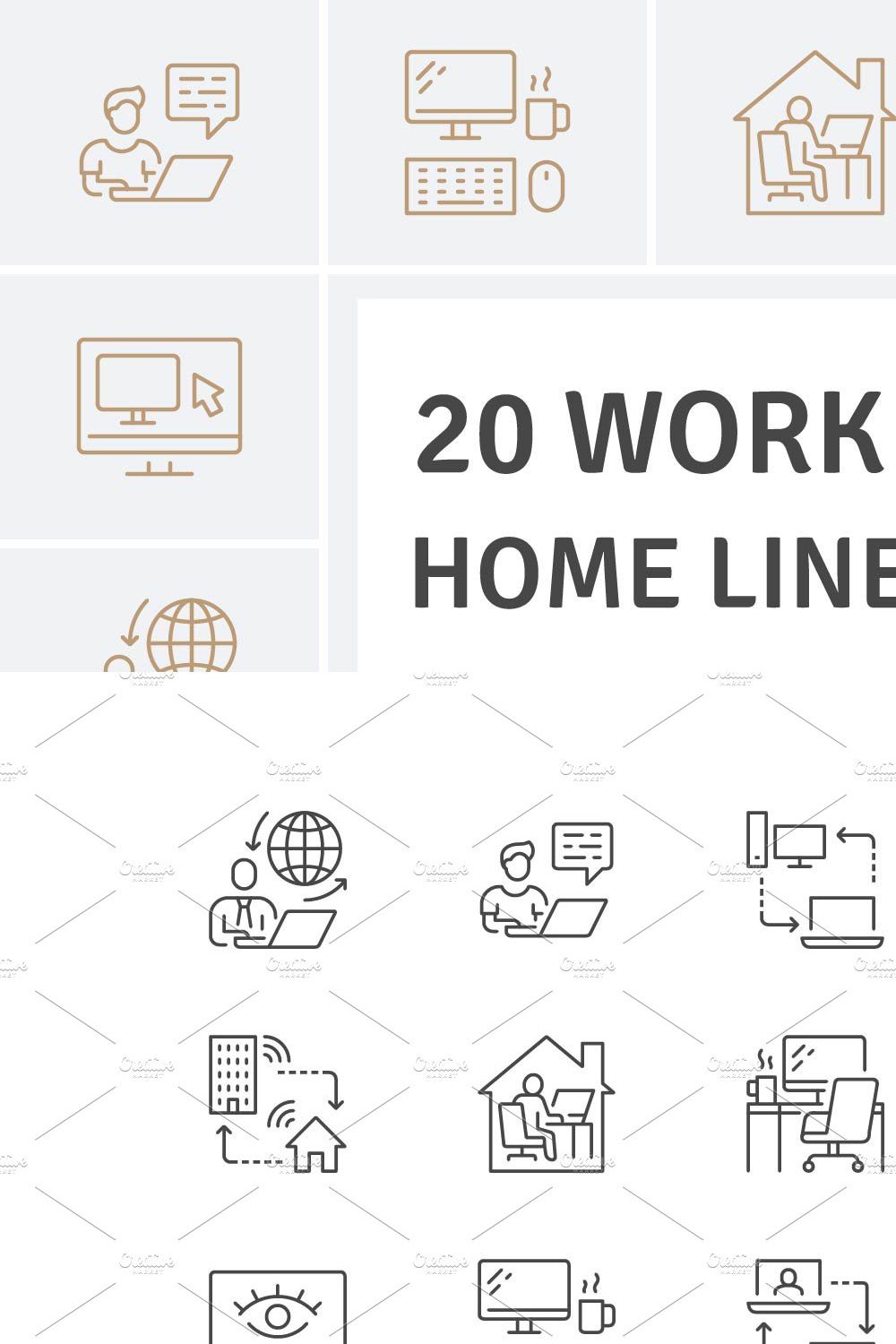 Work From Home Line Icons pinterest preview image.