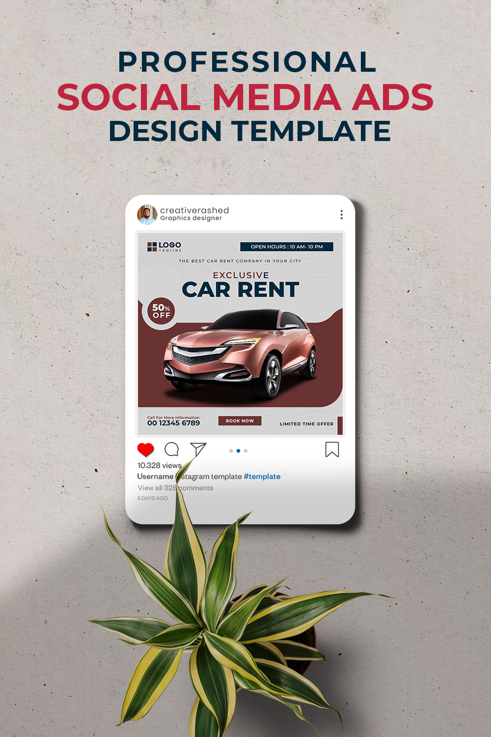 Professional & Creative Modern Car Rent Social Media Ads Banner Design Template pinterest preview image.