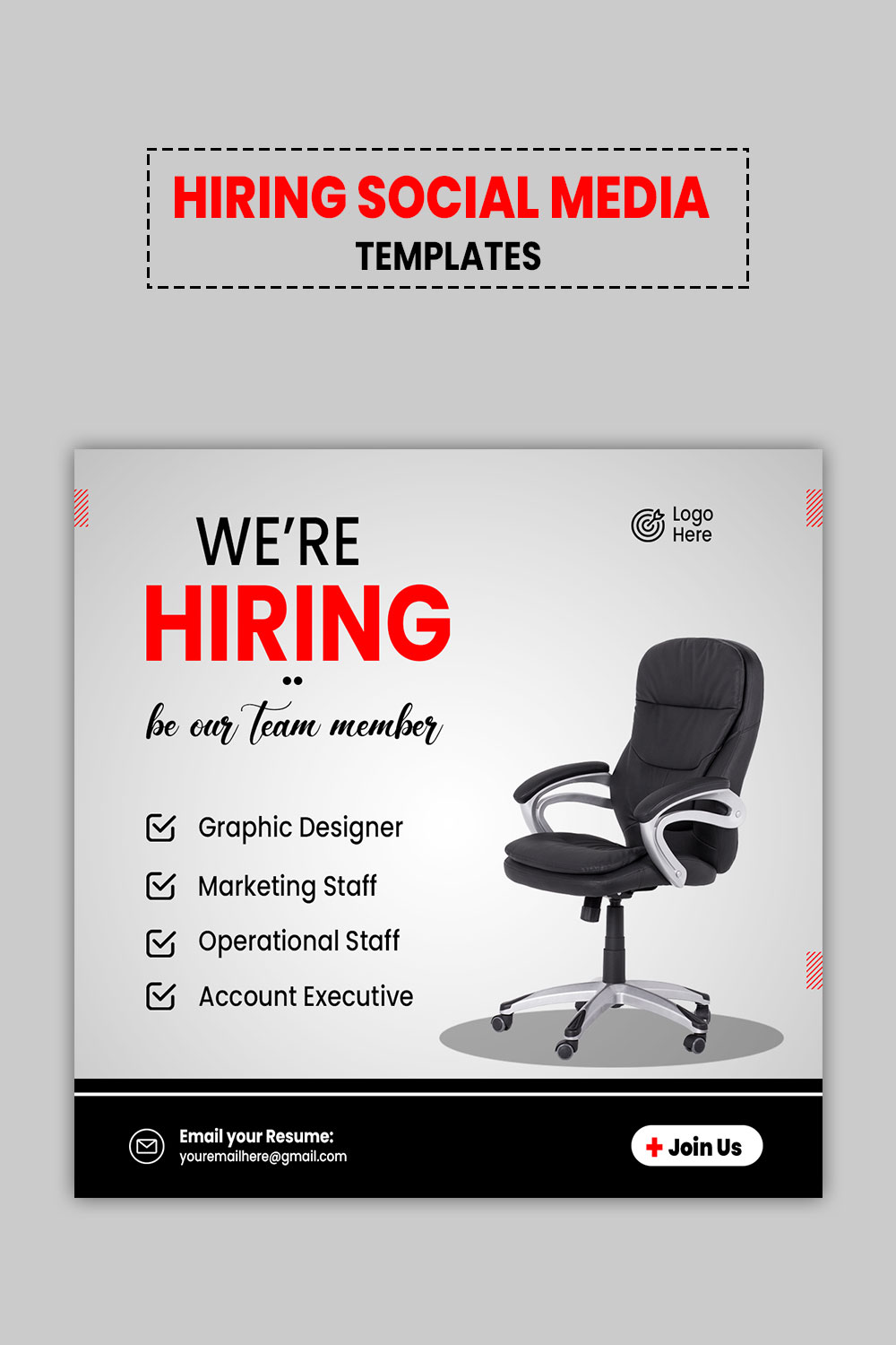 We are hiring poster job vacancy square banner or social media post template pinterest preview image.