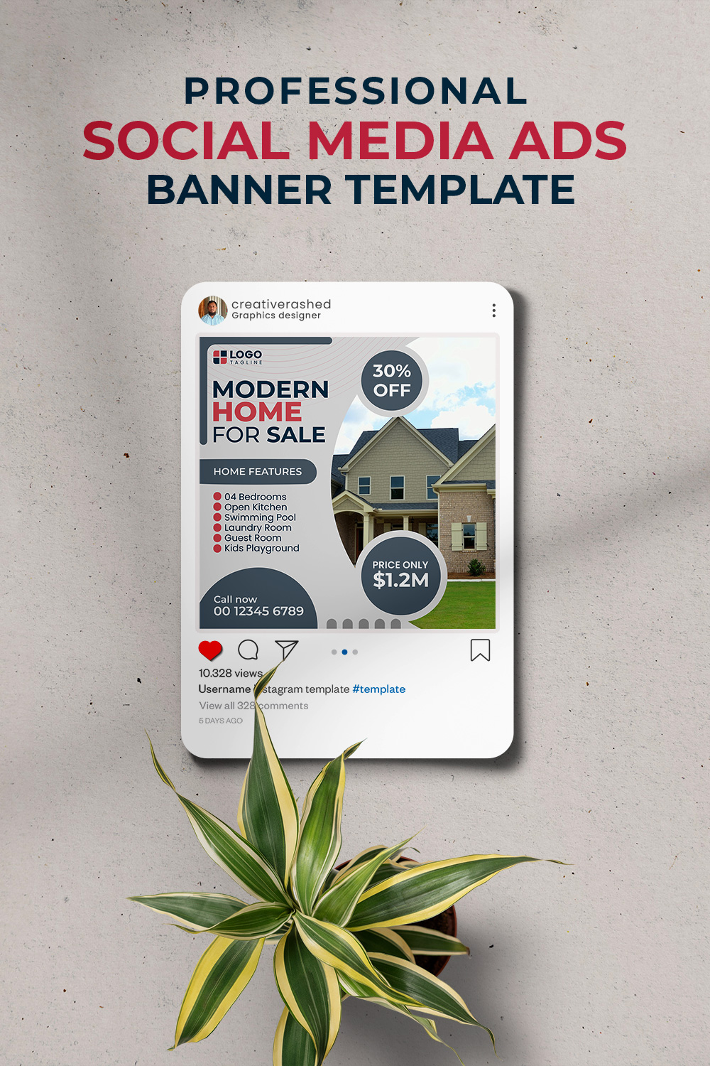 Professional & Creative Modern Home For Sale Social Media Ads Banner Design Template pinterest preview image.