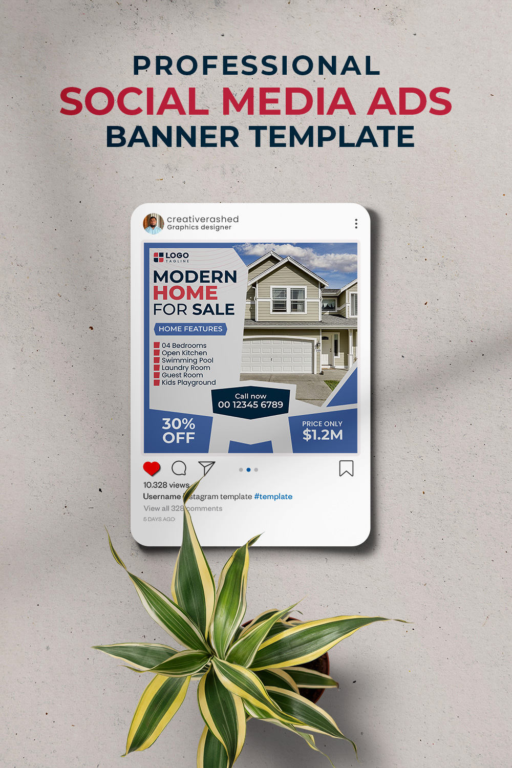 Professional & Creative Modern Home For Sale Social Media Ads Banner Design Template pinterest preview image.