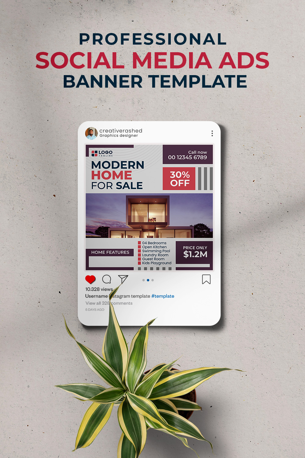 Professional & Creative Modern Home For Sale Social Media Ads Banner Design Template pinterest preview image.