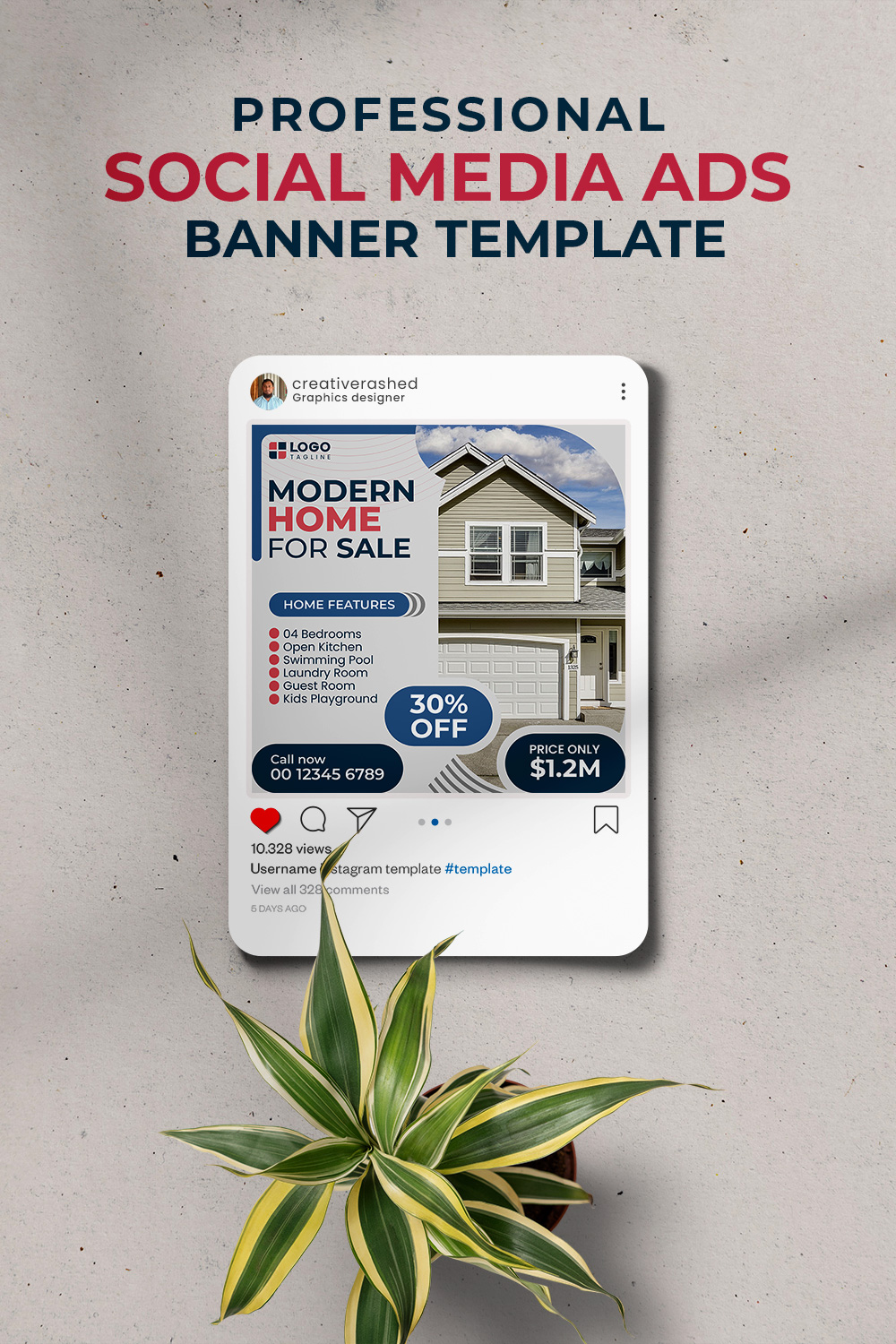 Professional & Creative Modern Home For Sale Social Media Ads Banner Design Template pinterest preview image.