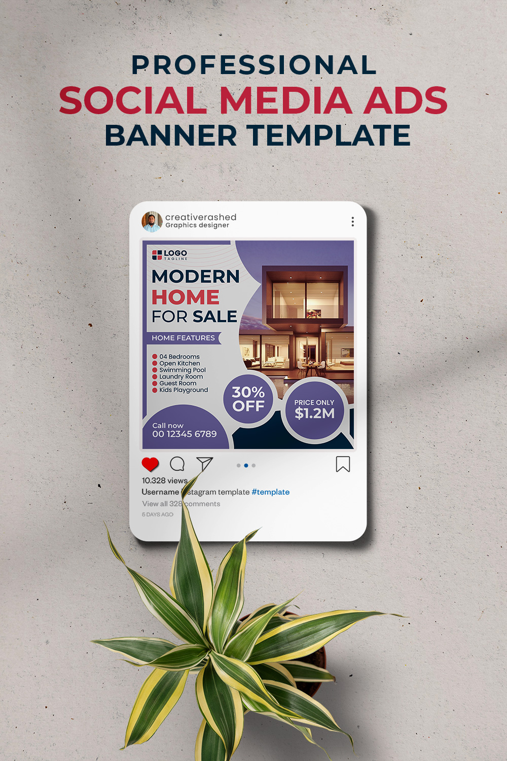 Professional & Creative Modern Home For Sale Social Media Ads Banner Design Template pinterest preview image.