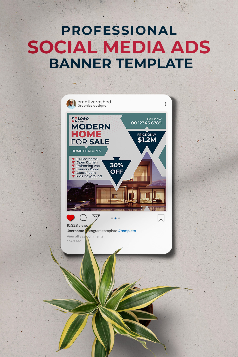 Professional & Creative Modern Home For Sale Social Media Ads Banner Design Template pinterest preview image.