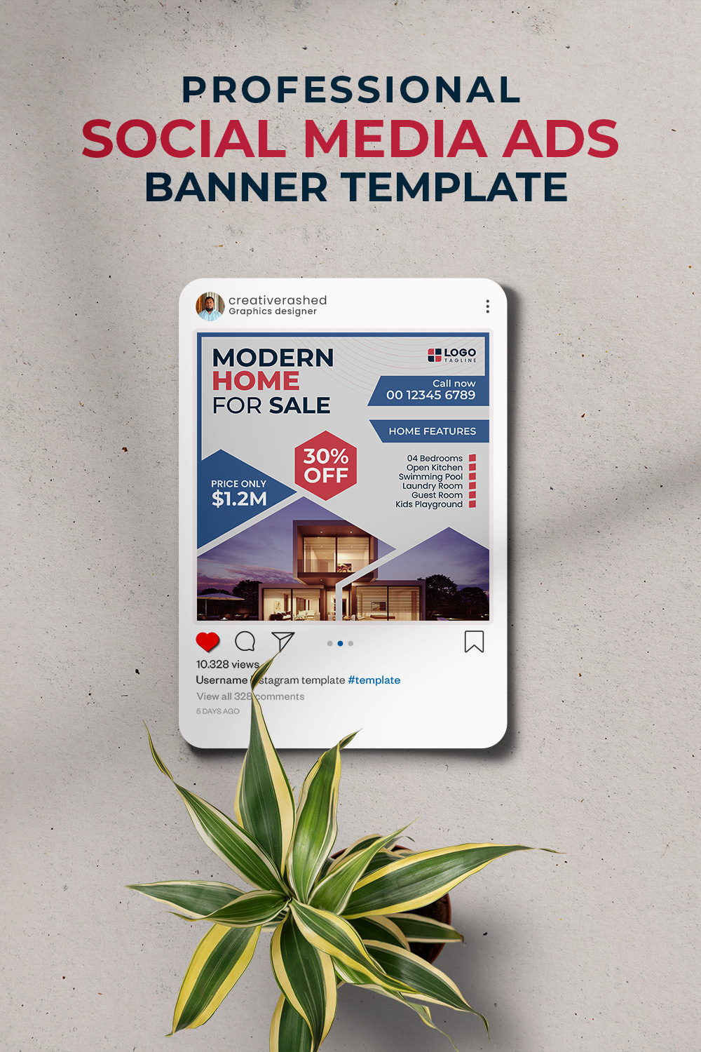 Professional & Creative Modern Home For Sale Social Media Ads Banner Design Template pinterest preview image.