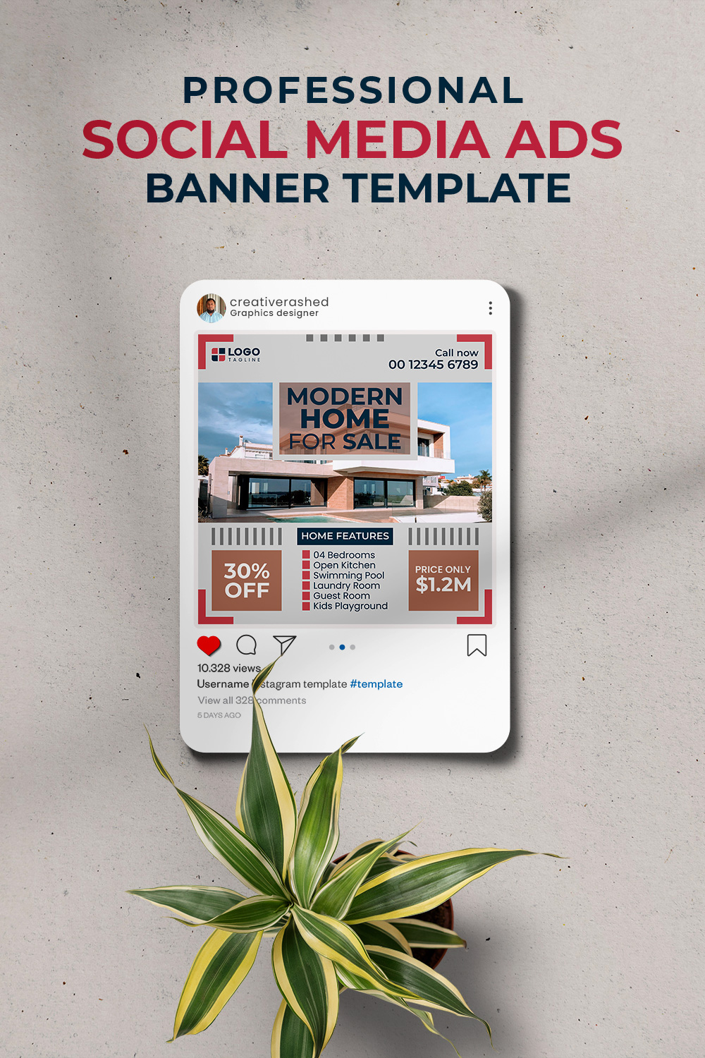 Professional & Creative Modern Home For Sale Social Media Ads Banner Design Template pinterest preview image.