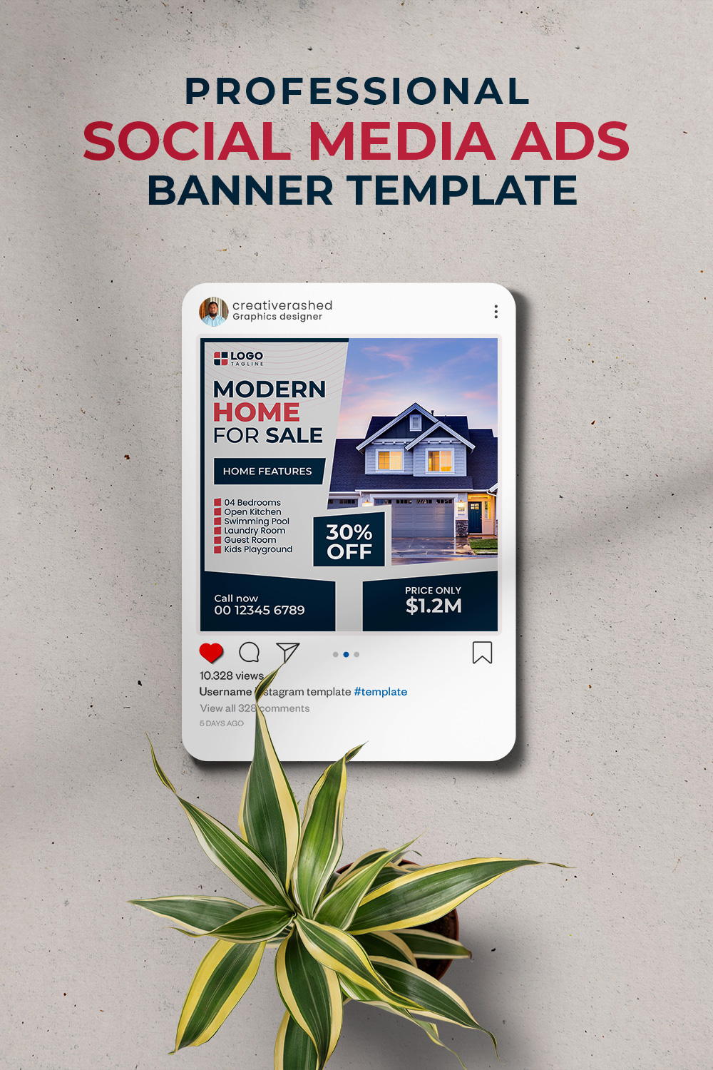 Professional & Creative Modern Home For Sale Social Media Ads Banner Design Template pinterest preview image.