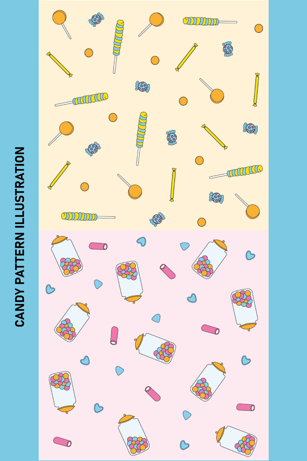 Pattern of candy and lollipops on a pastel background.