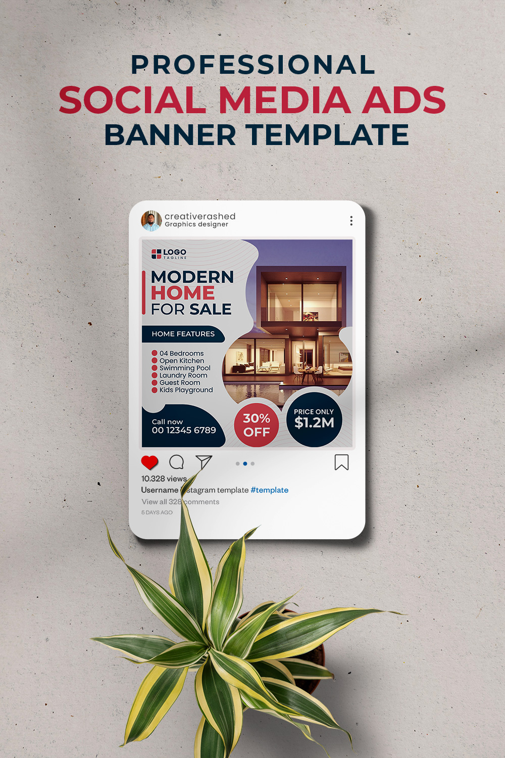 Professional & Creative Modern Home For Sale Social Media Ads Banner Design Template pinterest preview image.