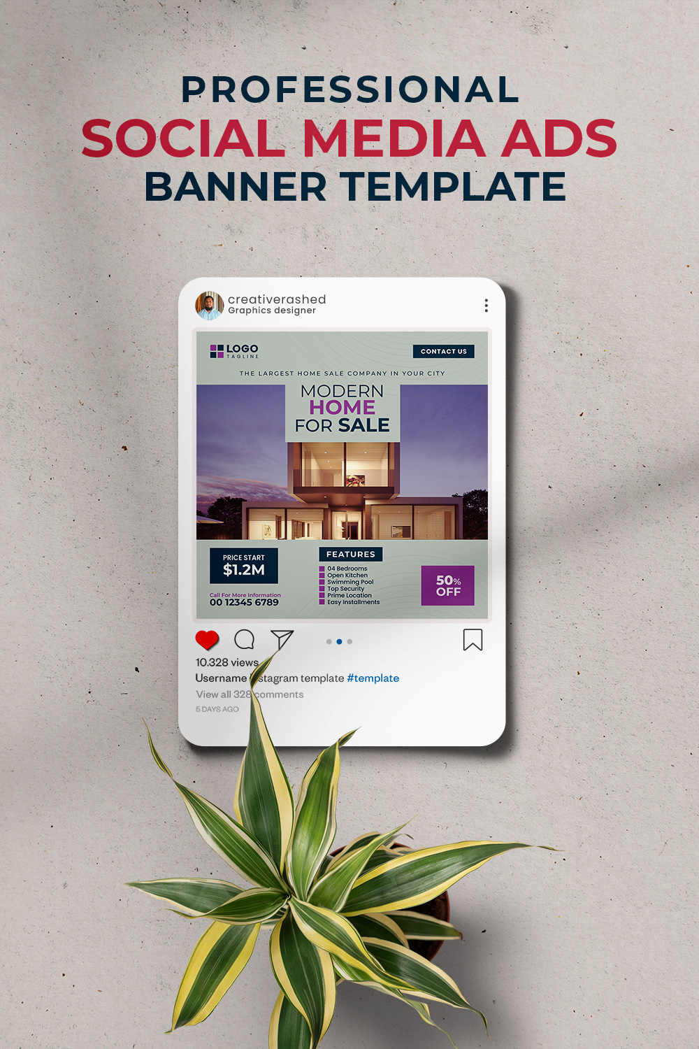 Professional & Creative Modern Home For Sale Social Media Ads Banner Design Template pinterest preview image.