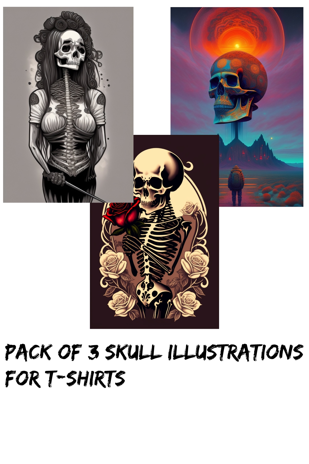 Bundle of 3 Skull Illustrations for T-Shirts pinterest preview image.
