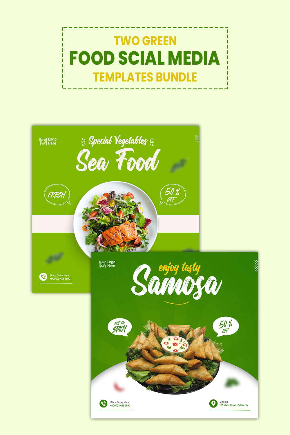 Two Green Food Menu Social Media Posts And Instagram Banner Templates pinterest preview image.