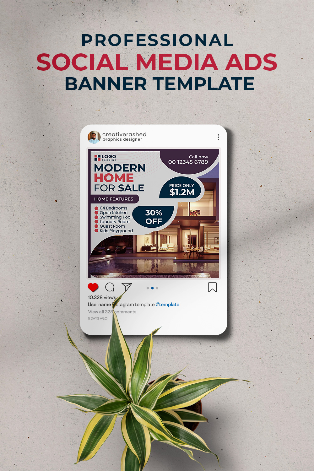 Professional & Creative Modern Home For Sale Social Media Ads Banner Design Template pinterest preview image.