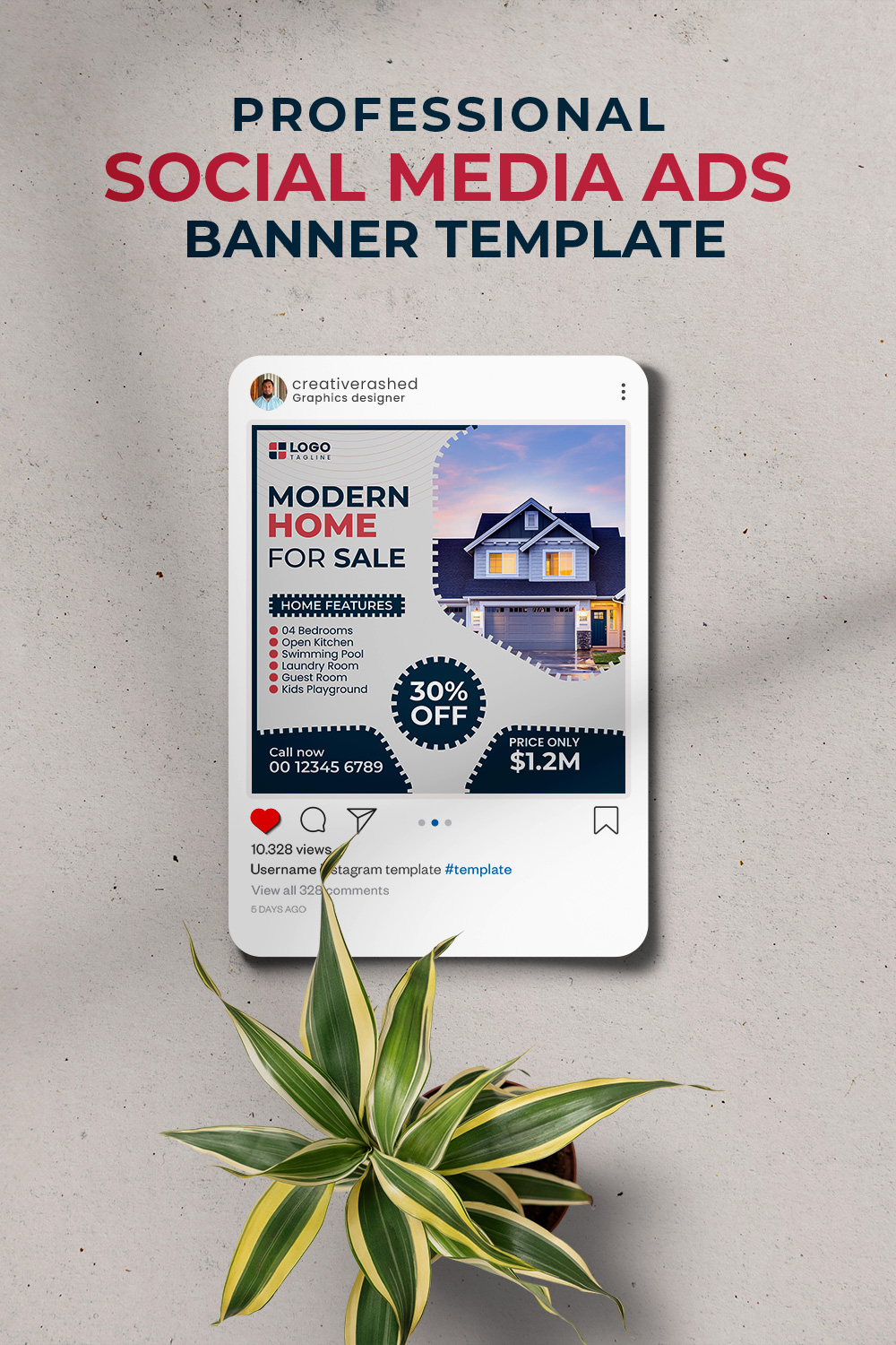 Professional & Creative Modern Home For Sale Social Media Ads Banner Design Template pinterest preview image.