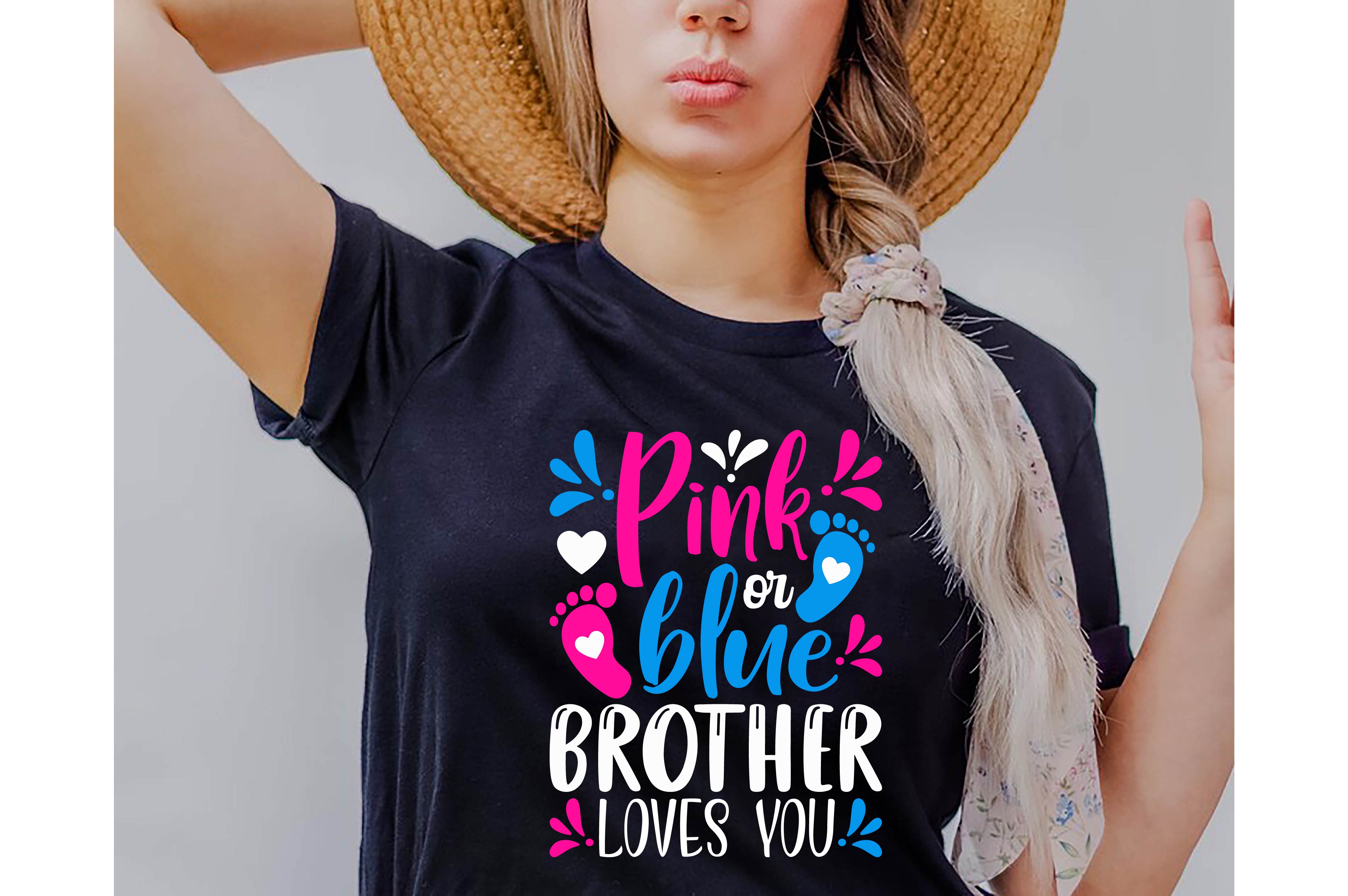 Woman wearing a pink or blue brother loves you shirt.