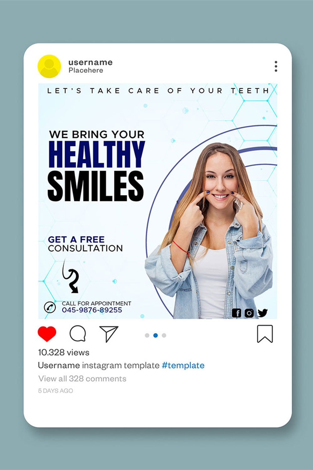 Dental Care Social Media Post Design Template pinterest preview image.
