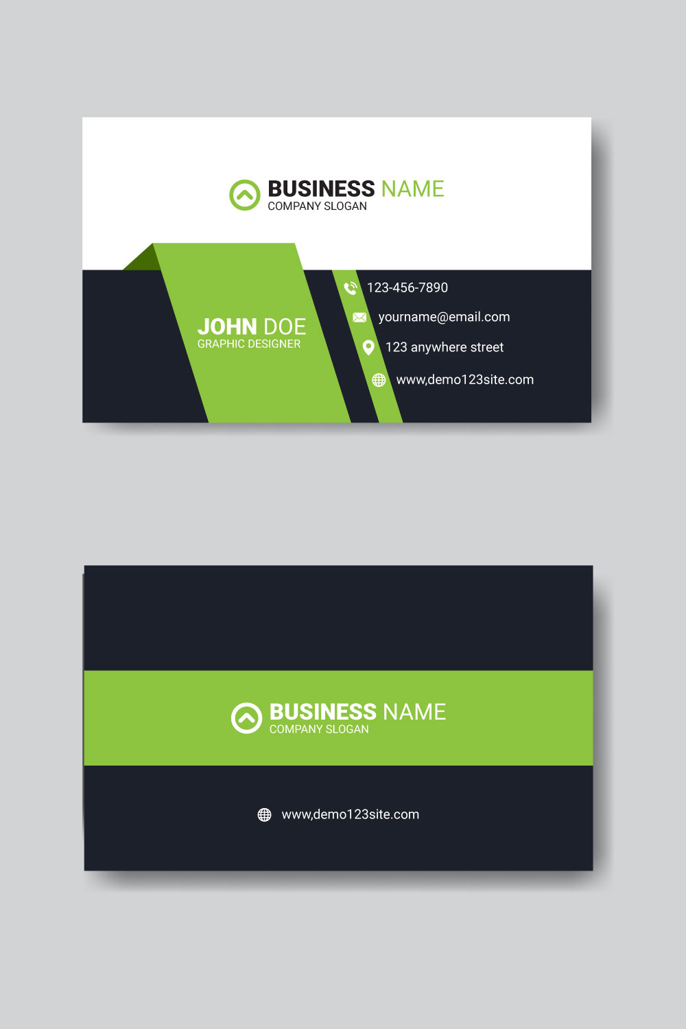 Professional modern green business card template pinterest preview image.