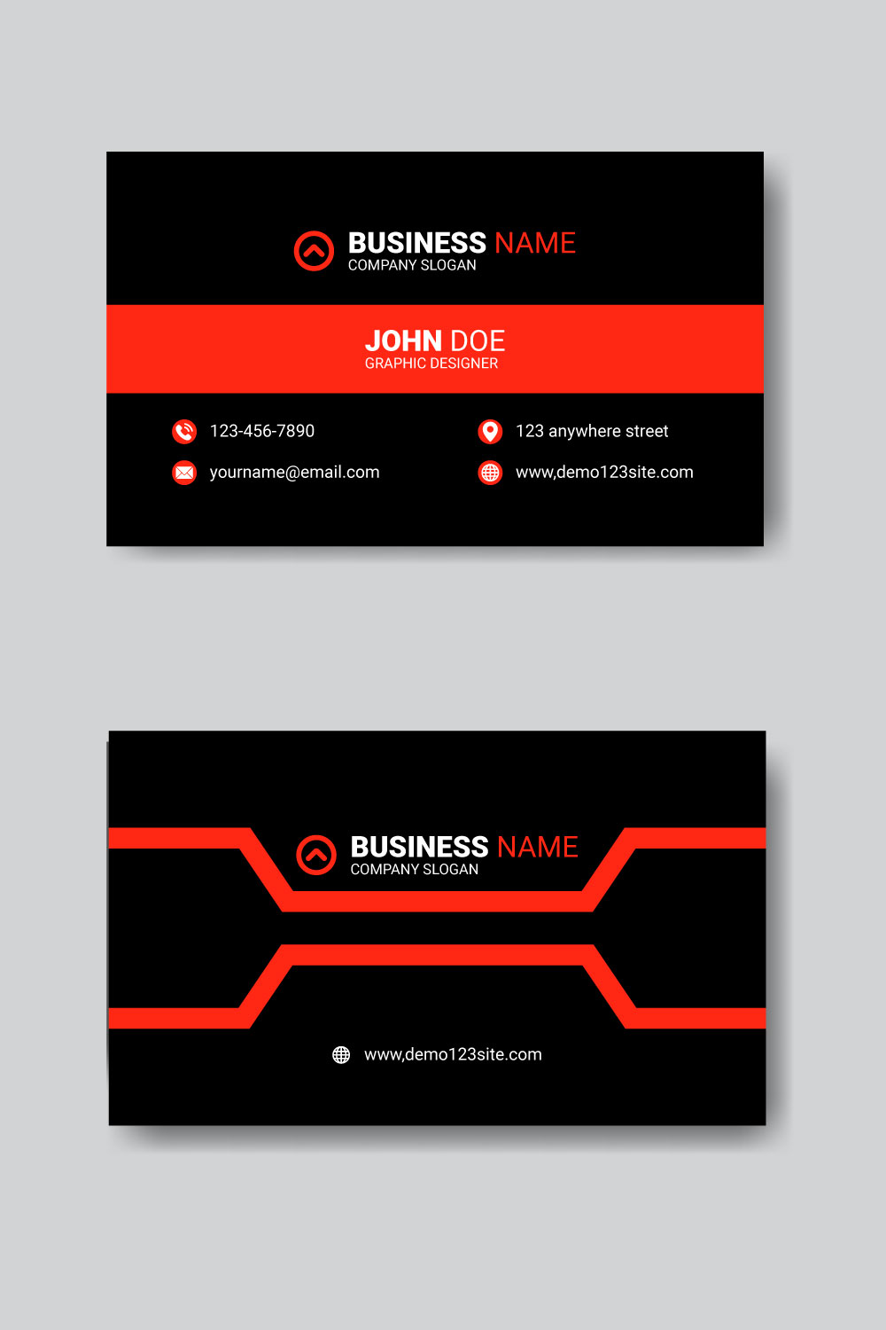 Corporate modern red and black business card template design, Clean business card layout pinterest preview image.
