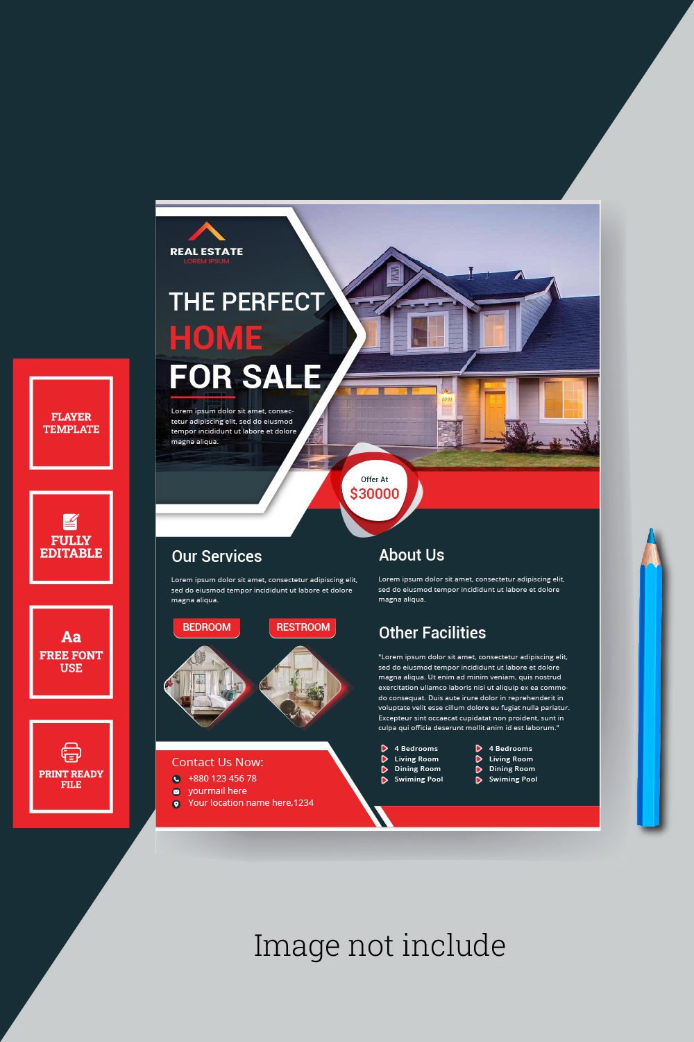 Creative Real estate house property for sale, flayer template pinterest preview image.