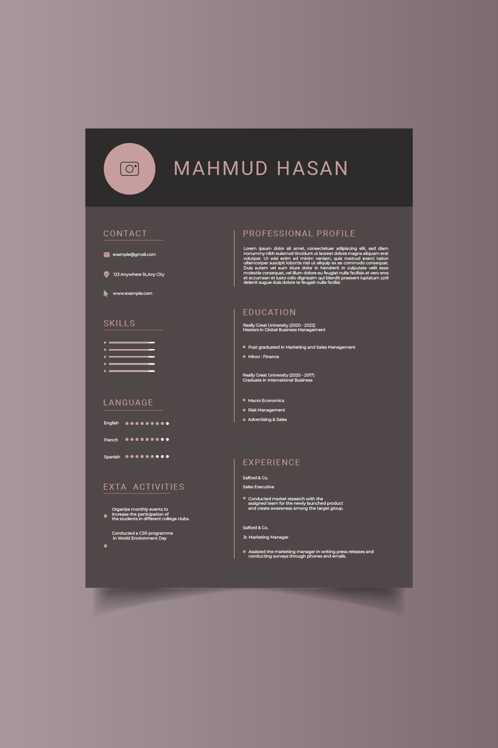 Dark Resume And CV Template pinterest preview image.