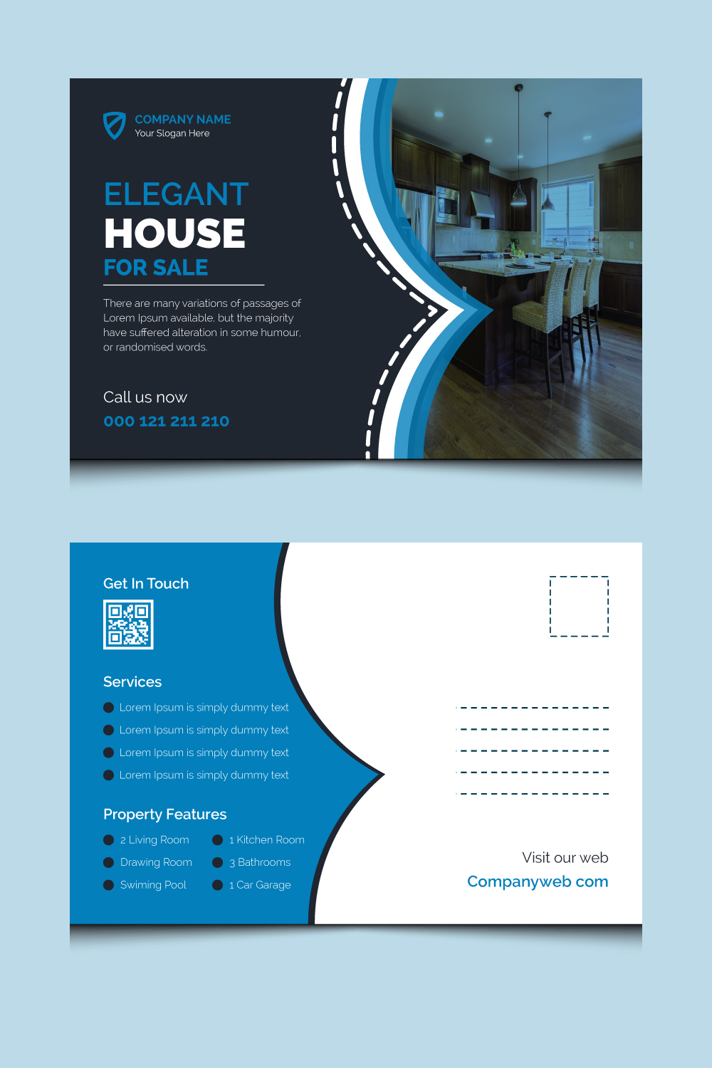Modern real estate post card template design pinterest preview image.