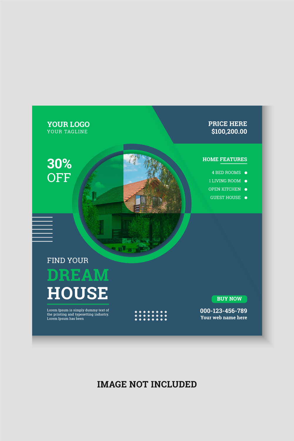 Modern and creative real estate agency social media post design template pinterest preview image.