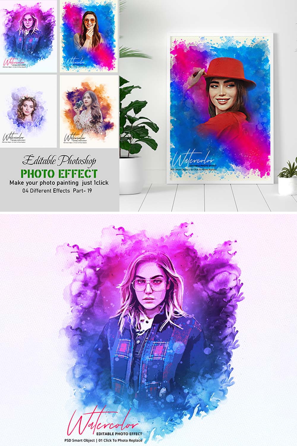 Editable Watercolor Photo Effect pinterest preview image.