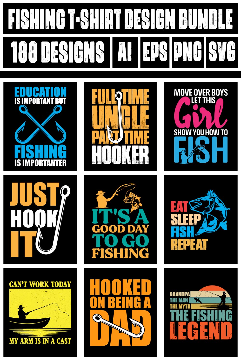 Fishing T-shirt Design Bundle 2 pinterest preview image.