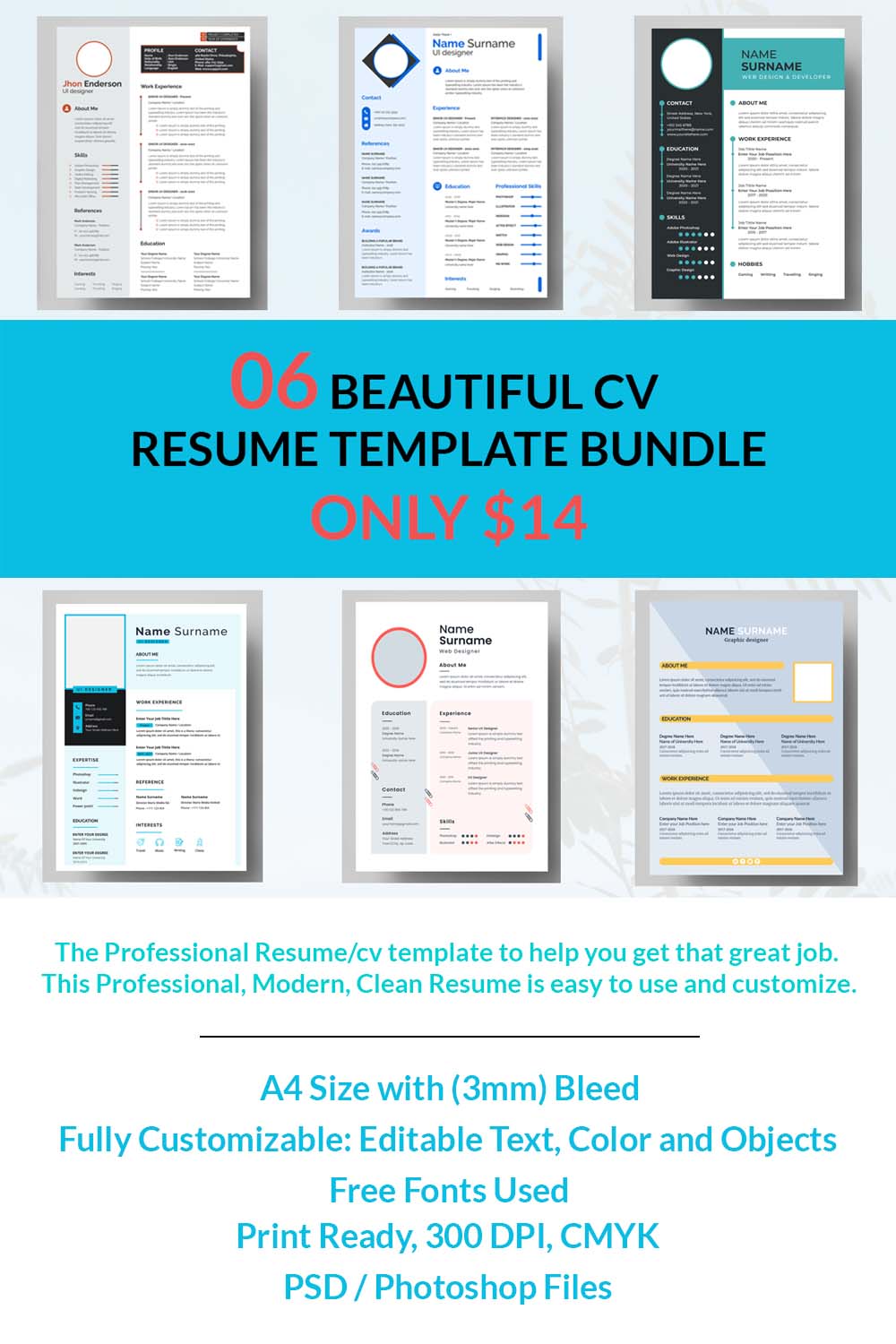 06 BEAUTIFUL CV RESUME TEMPLATE BUNDLE ONLY $14 pinterest preview image.