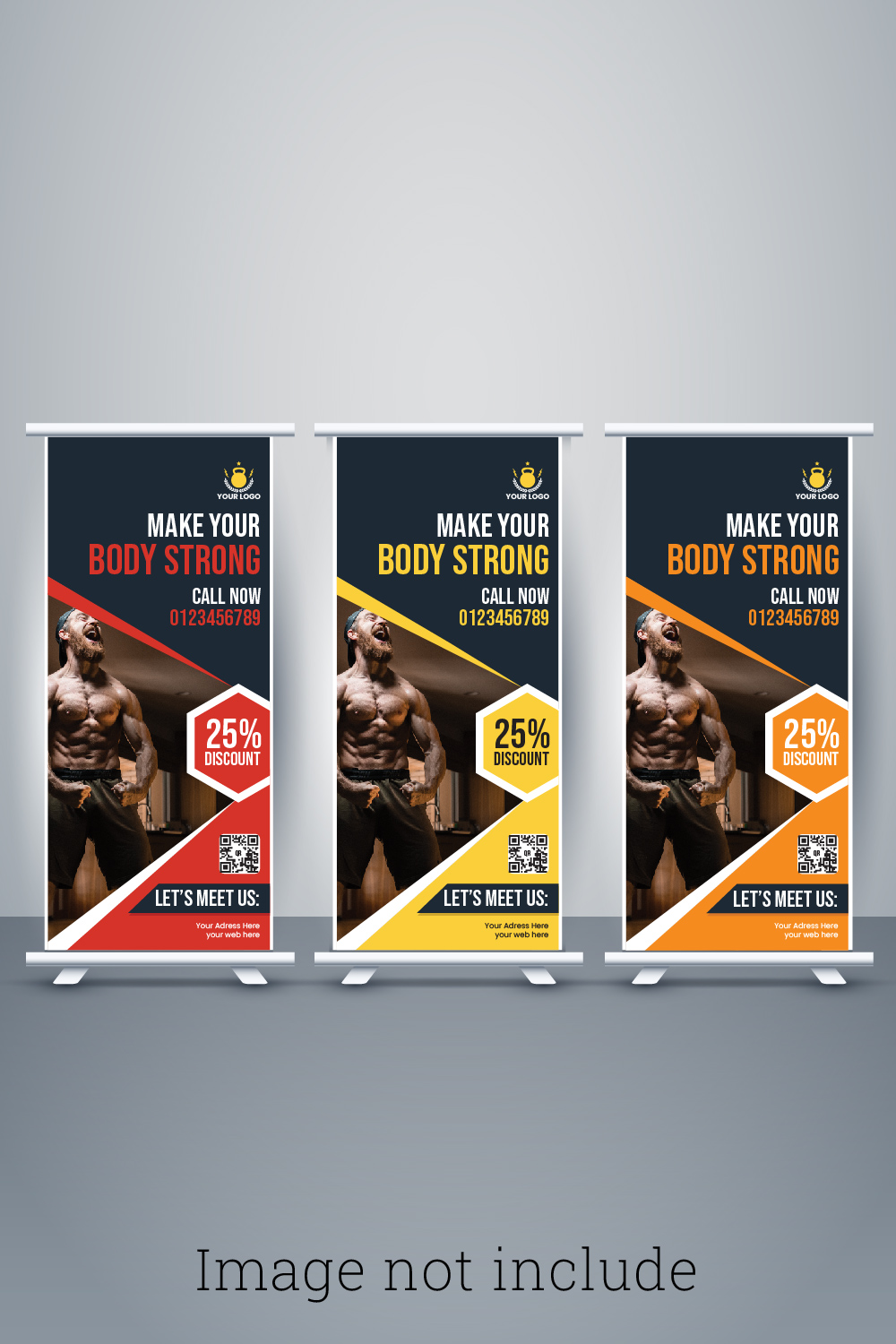 Gym x rollup pullup retractable signage banner Template Design pinterest preview image.