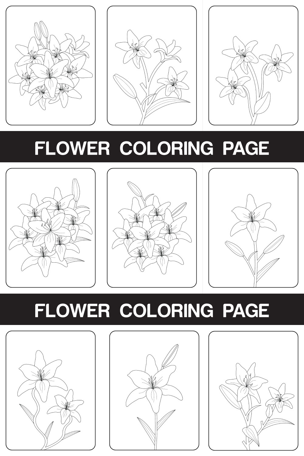 Lily Flower Coloring Page Hand Drawn Line Art pinterest preview image.