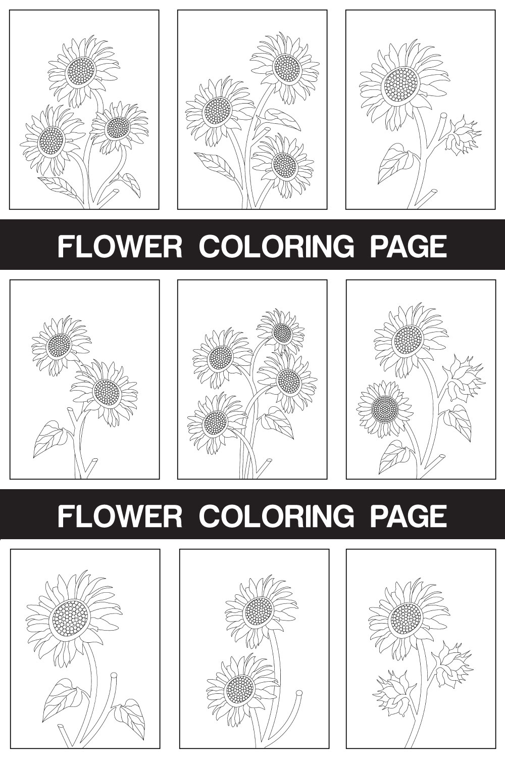 Sunflower Coloring Page And Book Hand Drawn Line Art illustration pinterest preview image.