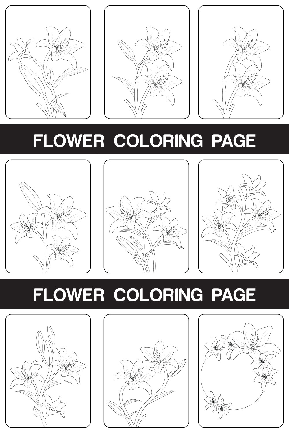 Lily Flower Coloring Page And Book Hand Drawn Line Art illustration pinterest preview image.