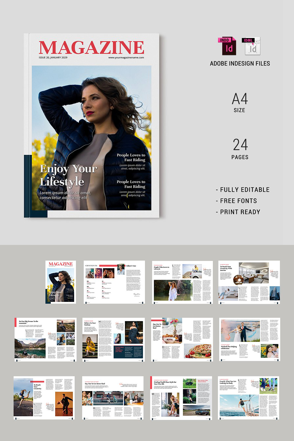 Lifestyle Magazine Template Indesign pinterest preview image.
