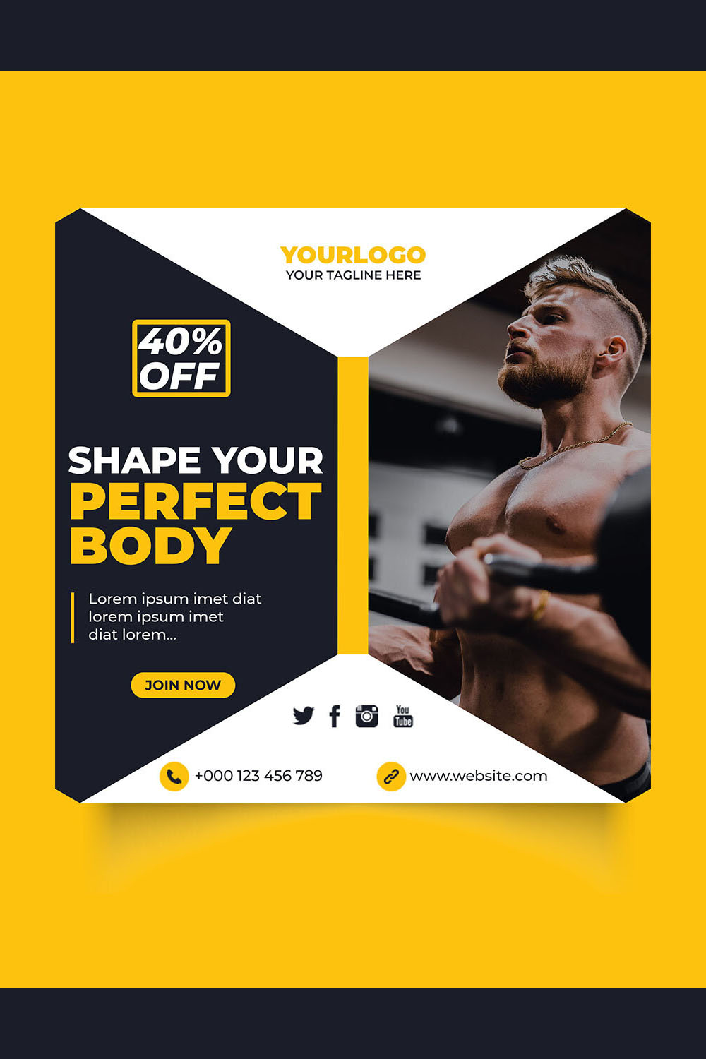 Gym & Fitness Banner for Social Media Post Template pinterest preview image.