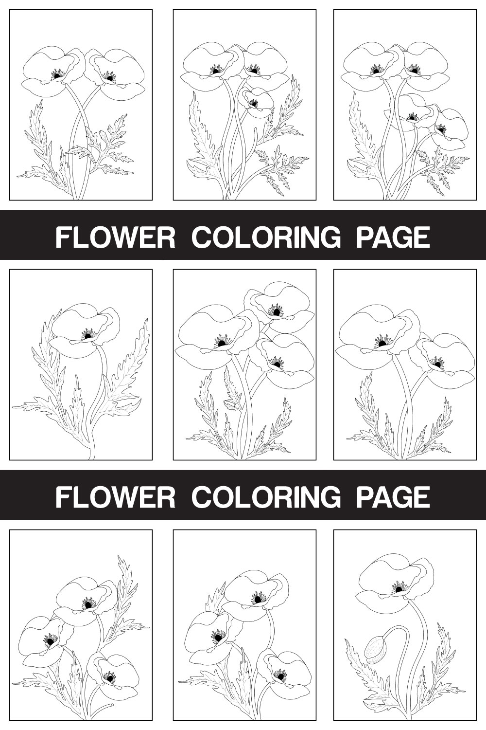 Poppy Flower Coloring Page And Book Hand Drawn Line Art illustration pinterest preview image.