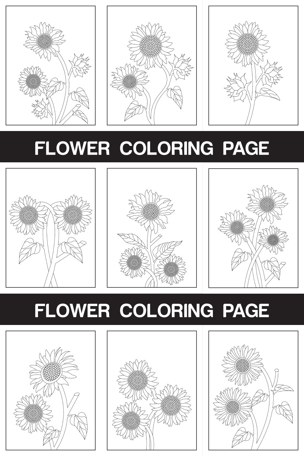 Sunflower Coloring Page And Book Hand Drawn Line Art illustration pinterest preview image.