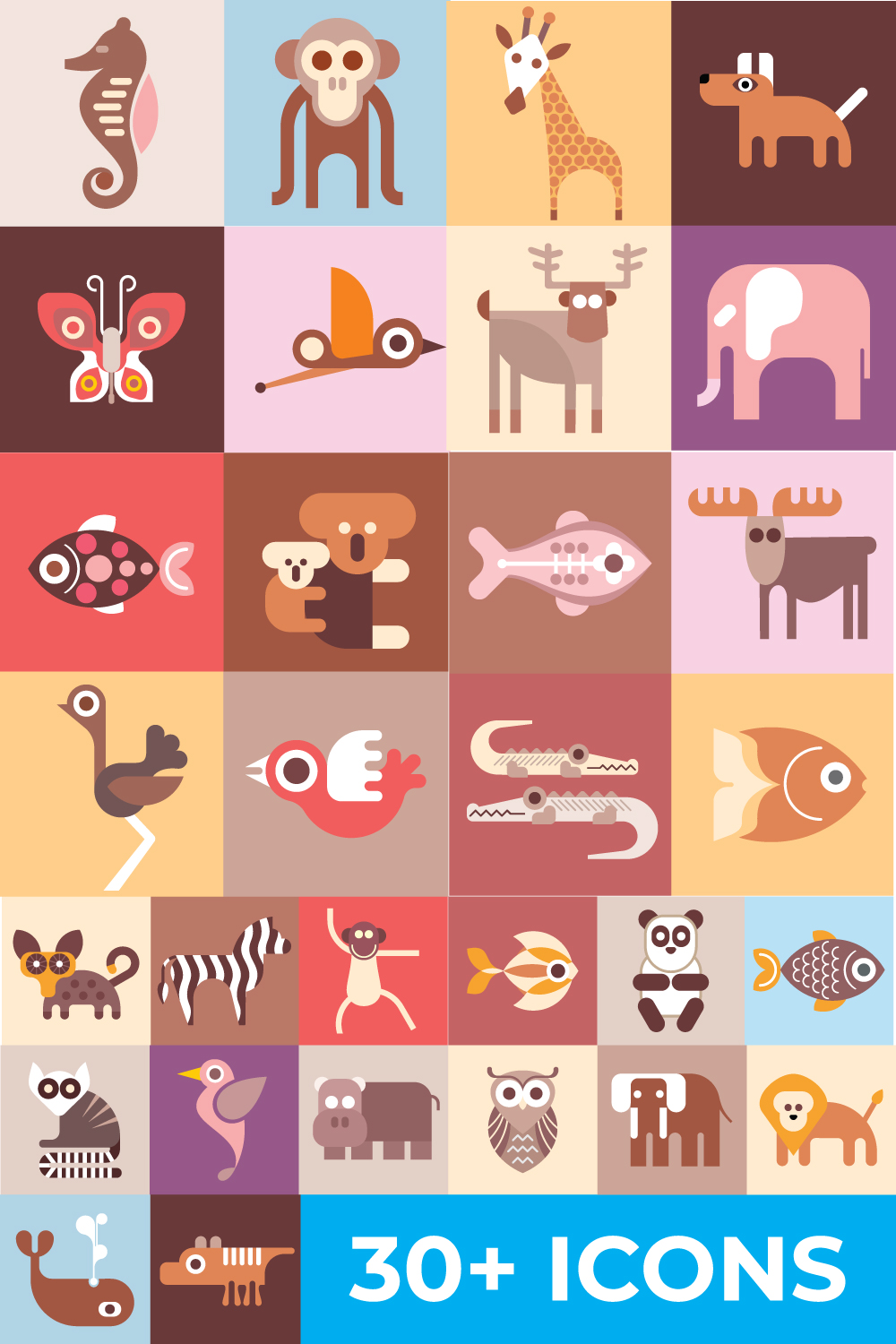 30+ animals-fish-and-birds-bundle-of-vector-icons pinterest preview image.