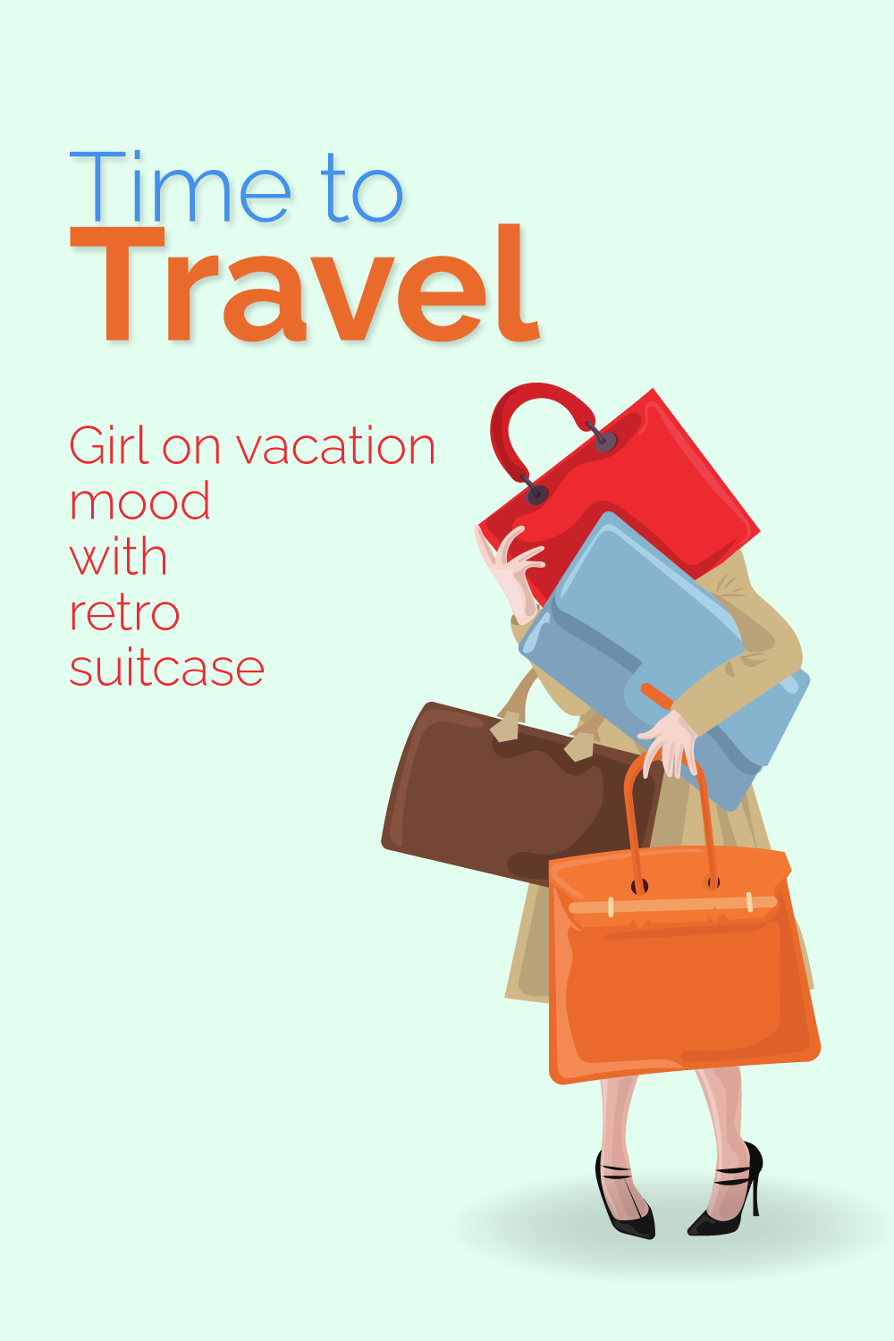 vector Girl on vacation mood with retro suitcase illustration pinterest preview image.