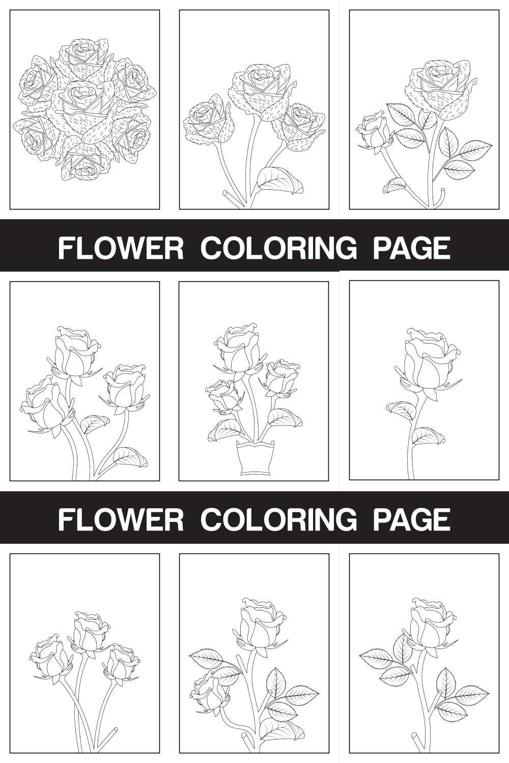 Rose Flower Coloring Page And Book Hand Drawn Line Art illustration pinterest preview image.
