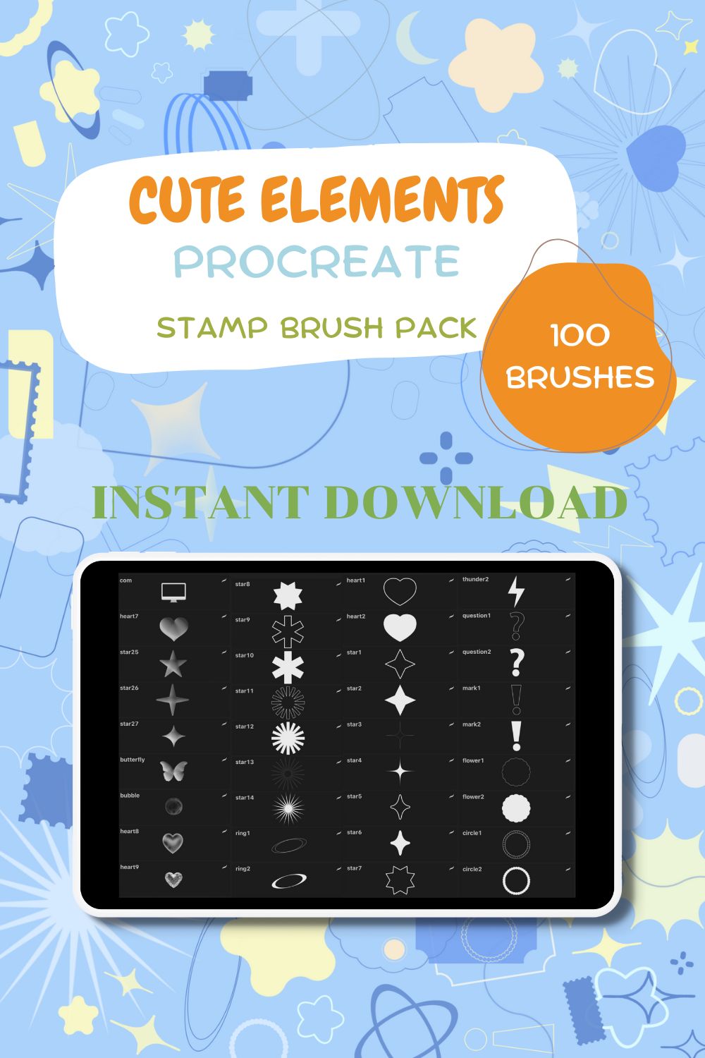 100 Cute Elements Procreate Stamp Brush Pack pinterest preview image.