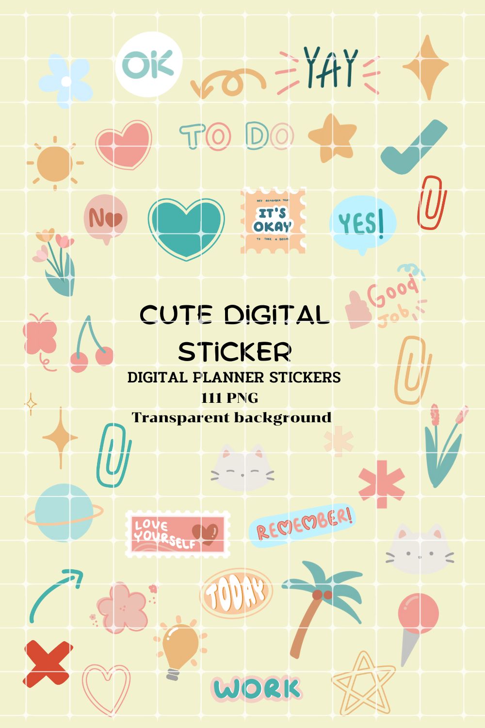 Cutie Digital Sticker pack - 111 PNG transparent background pinterest preview image.