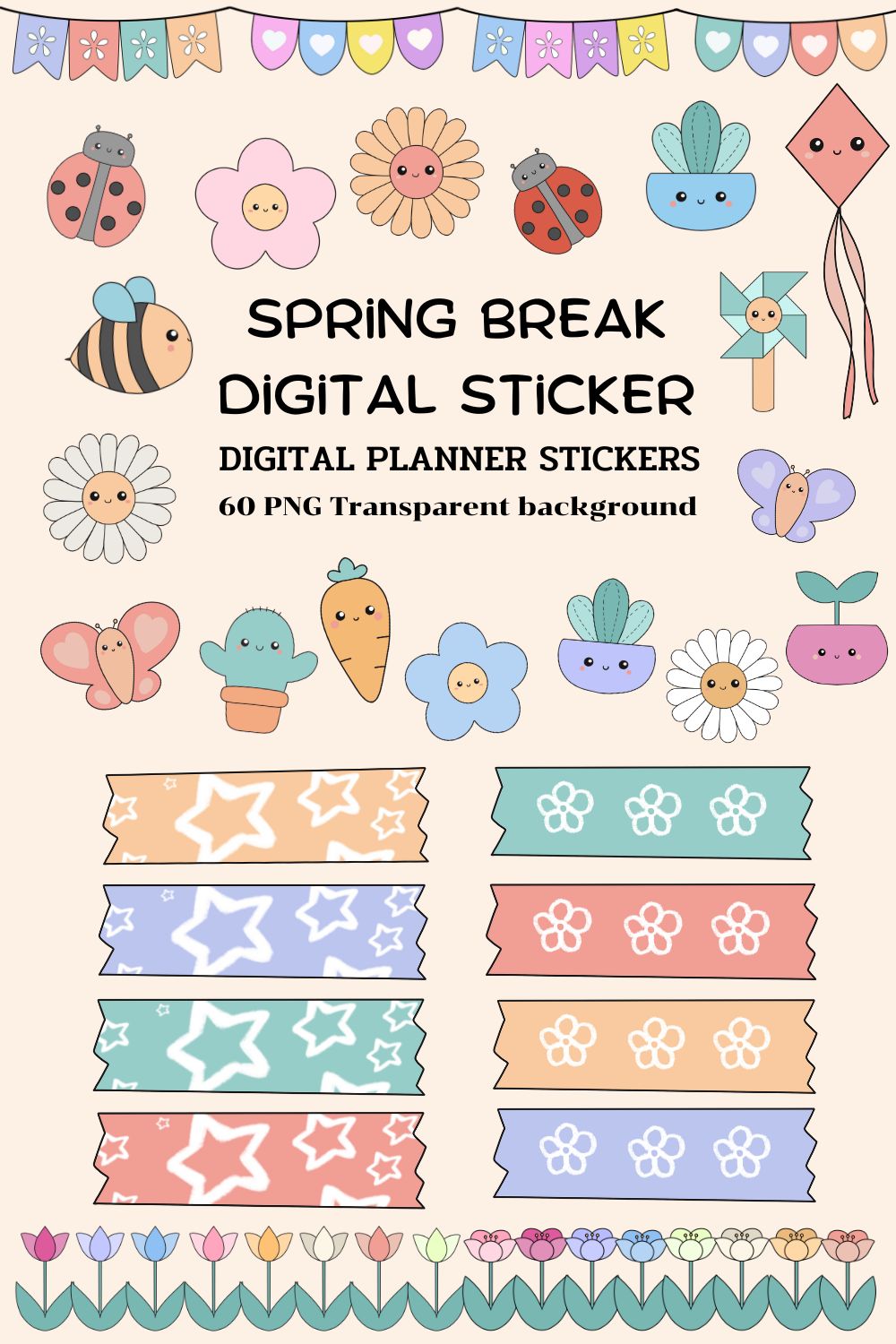 Cute Spring Digital Planner Stickers pinterest preview image.