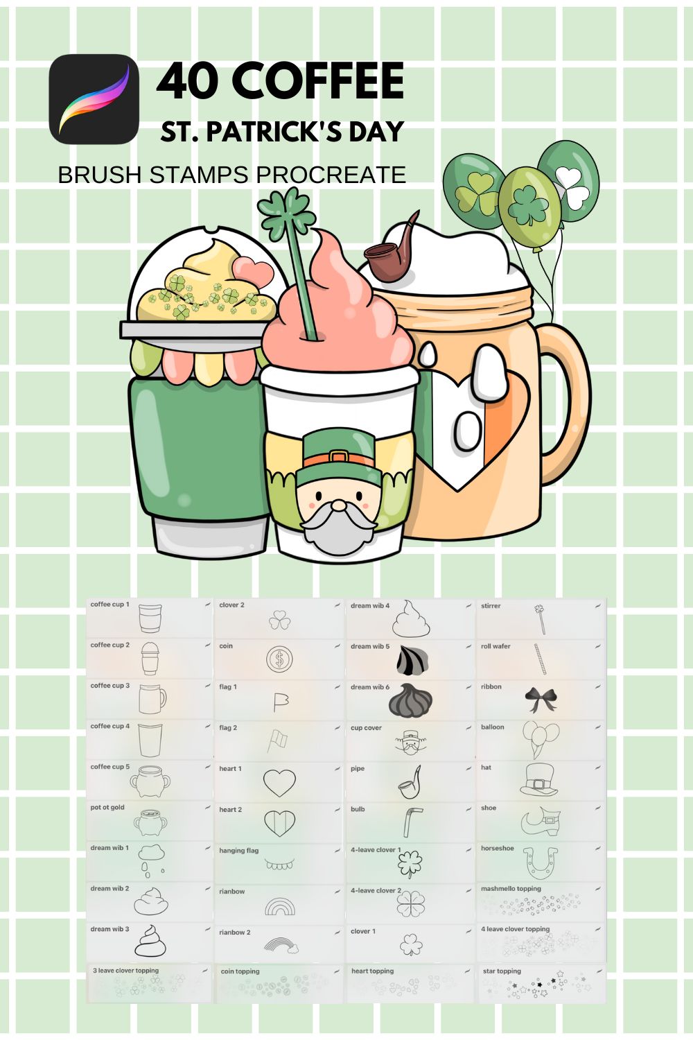 40 Coffee St Patrick's Day Procreate Brush Stamps pinterest preview image.