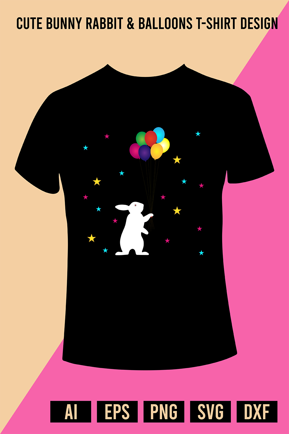Cute Bunny Rabbit & Balloons T-Shirt Design pinterest preview image.