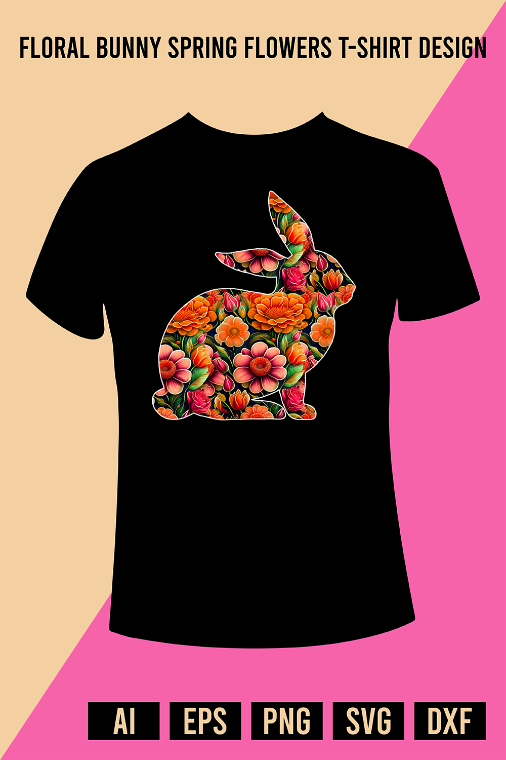 Floral Bunny Spring Flowers T-Shirt Design pinterest preview image.