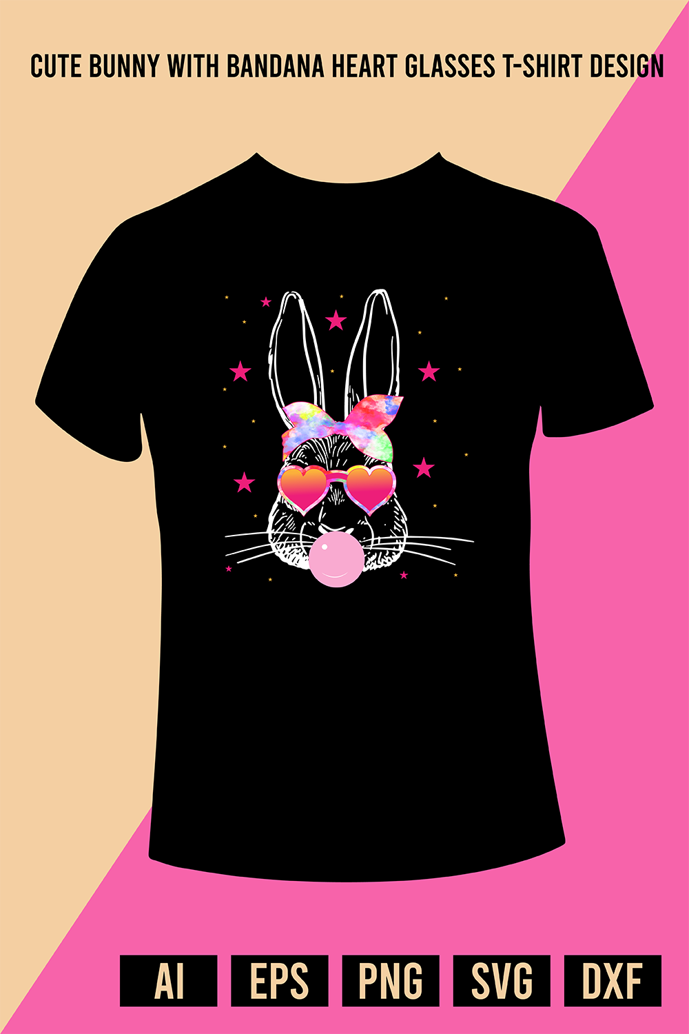 Cute Bunny With Bandana Heart Glasses T-Shirt Design pinterest preview image.