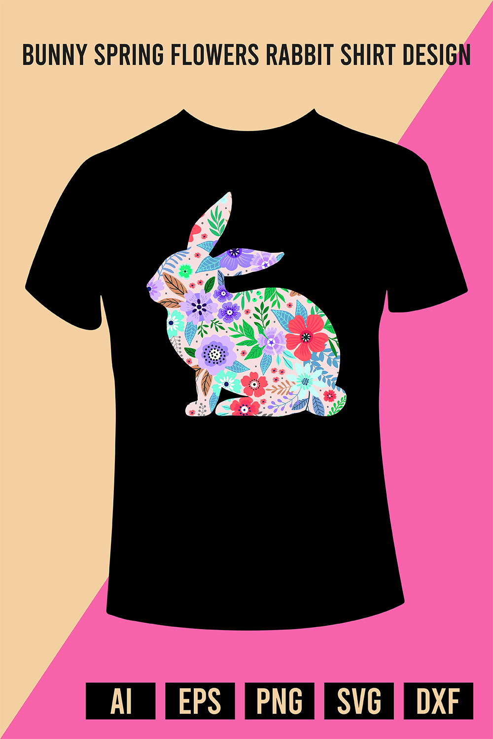 Bunny Spring Flowers Rabbit Shirt Design pinterest preview image.