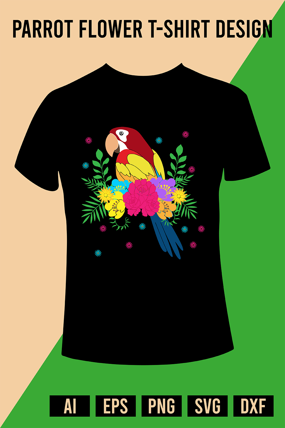 Parrot Flower T-Shirt Design pinterest preview image.